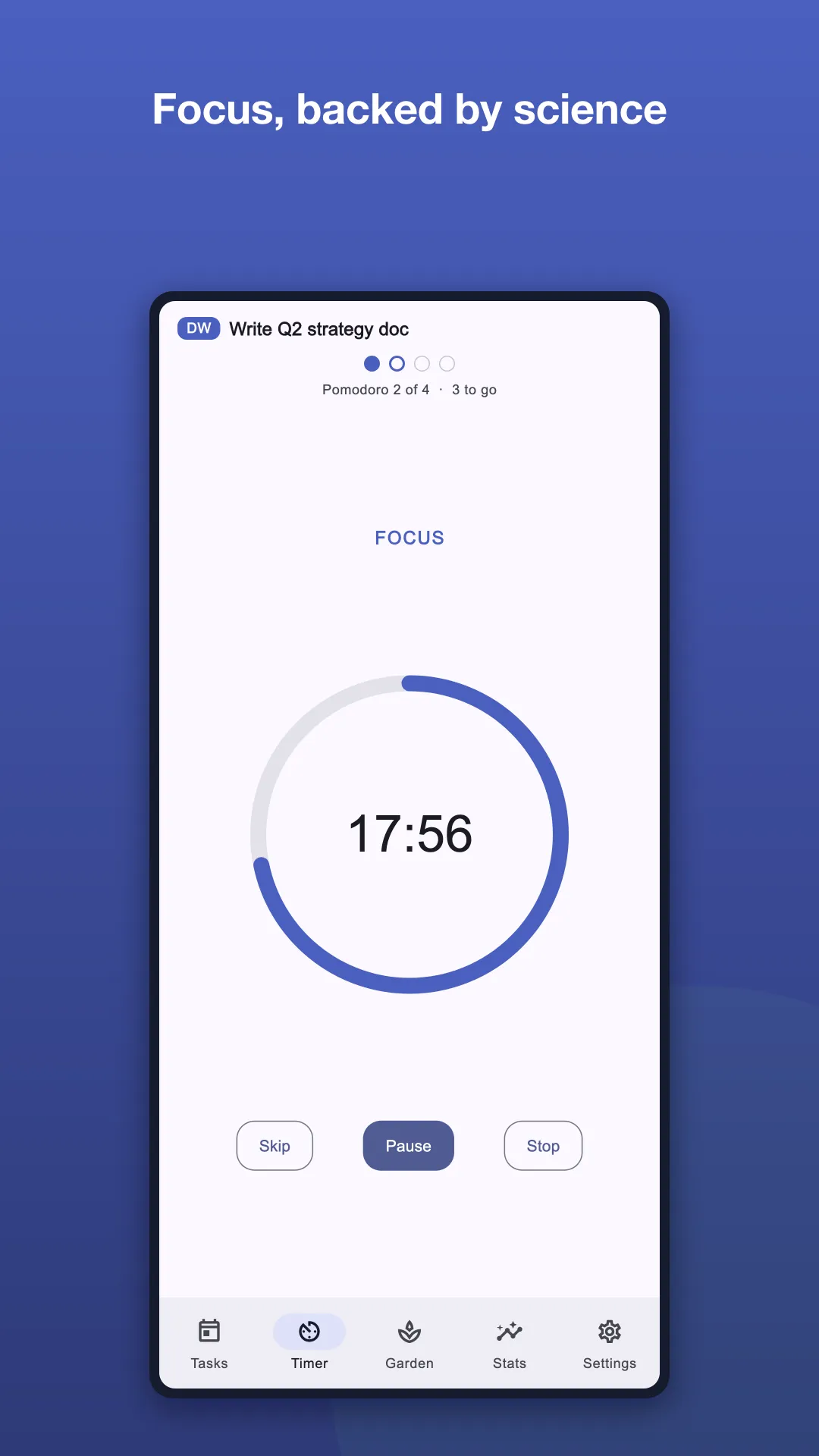 Focus4Life timer screen with a running Pomodoro session