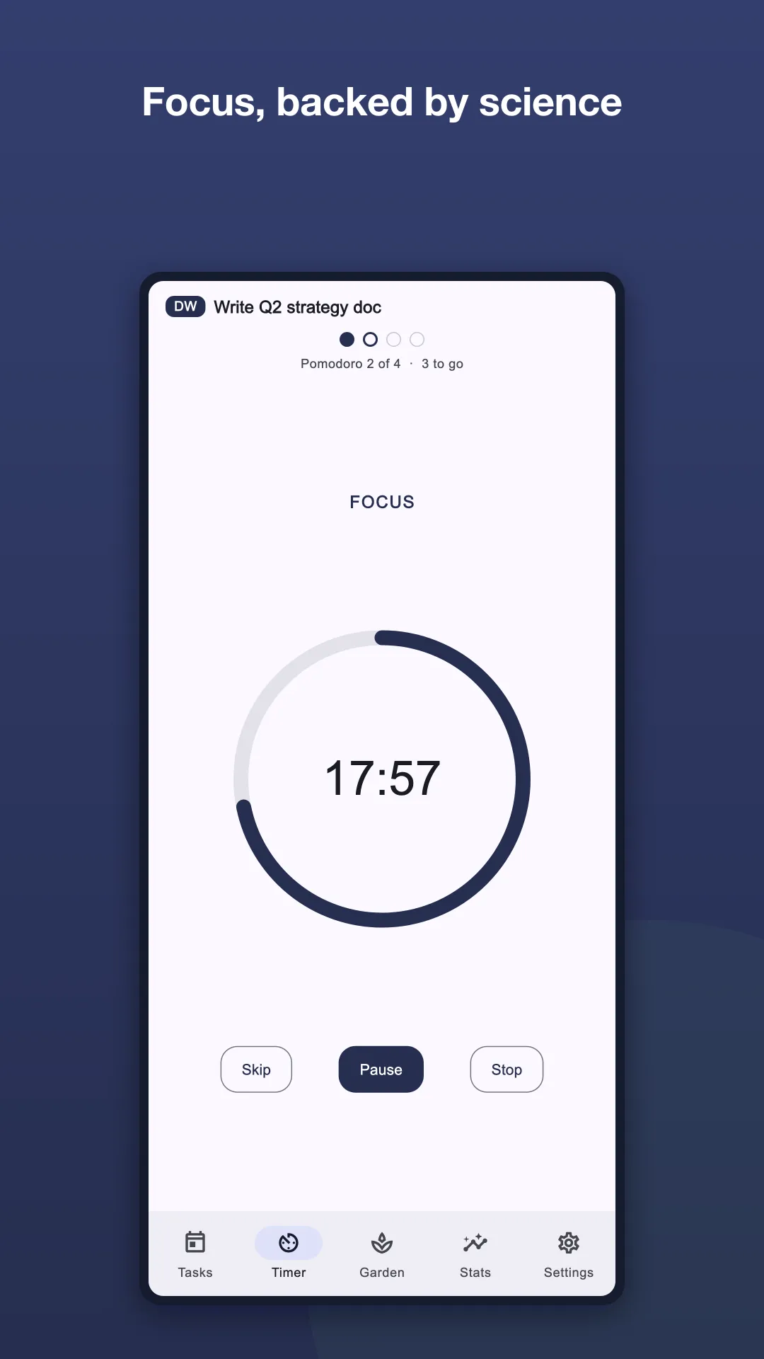 Focus4Life timer screen with a running Pomodoro session