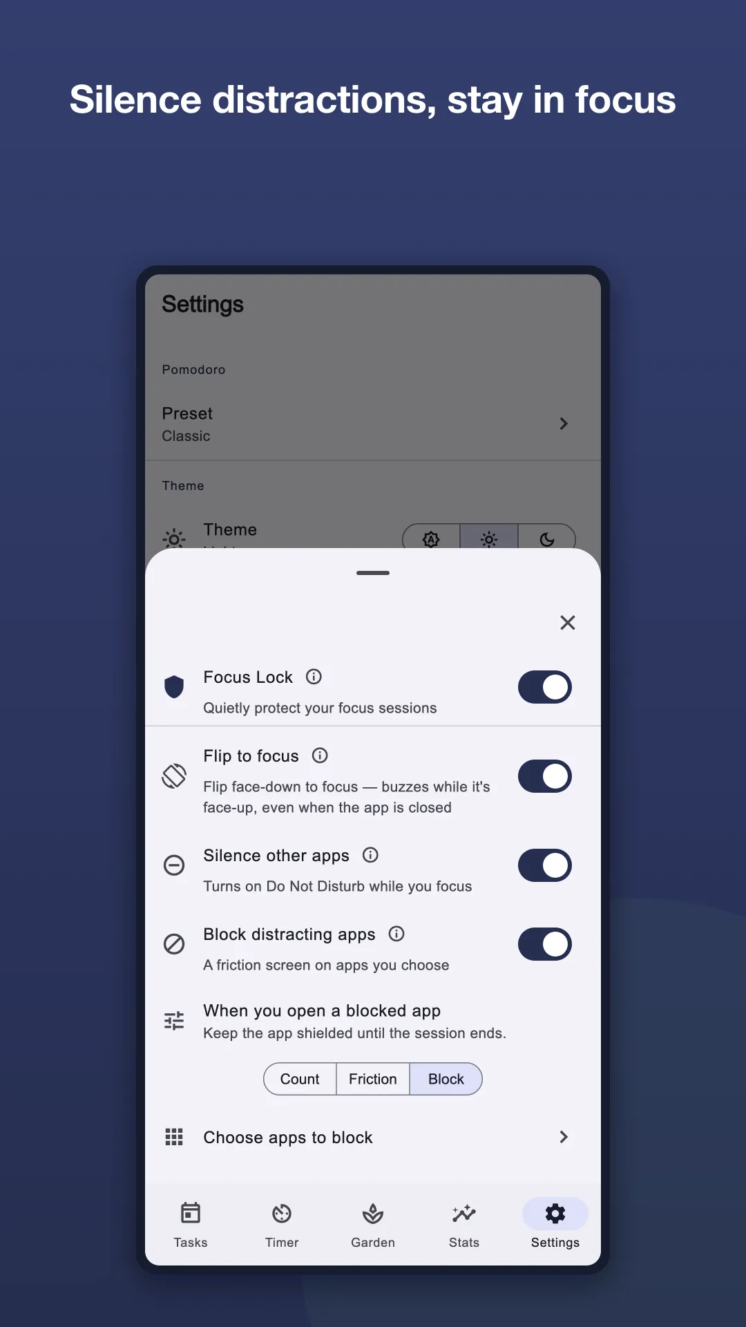 Focus4Life Focus Lock panel with flip-to-focus, Do Not Disturb and app-blocking modes