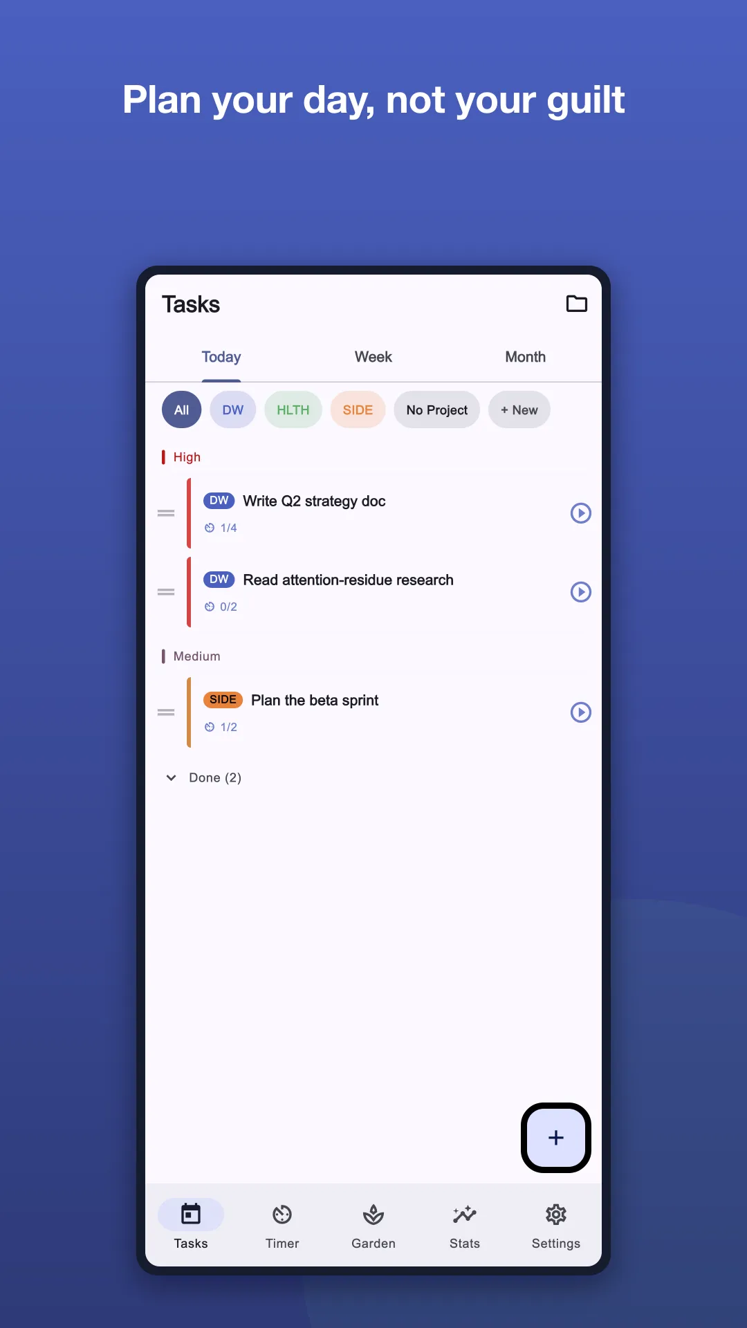 Focus4Life today view with planned tasks on a calendar