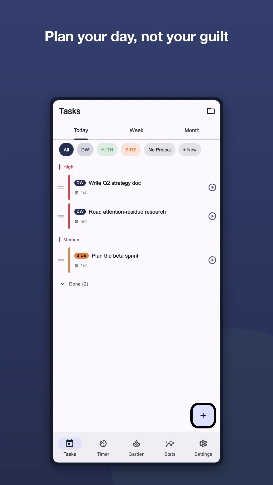 Focus4Life today view with planned tasks on a calendar