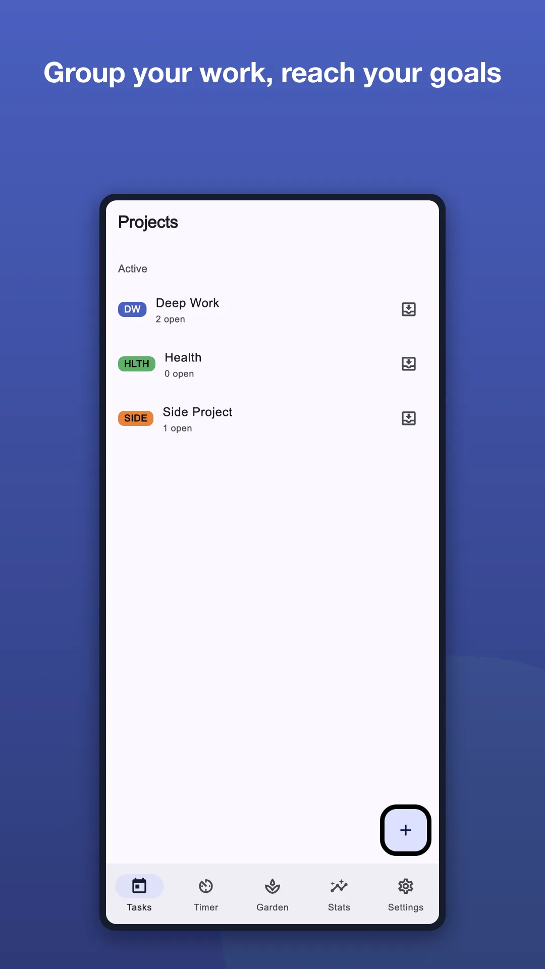 Focus4Life projects screen with grouped task lists