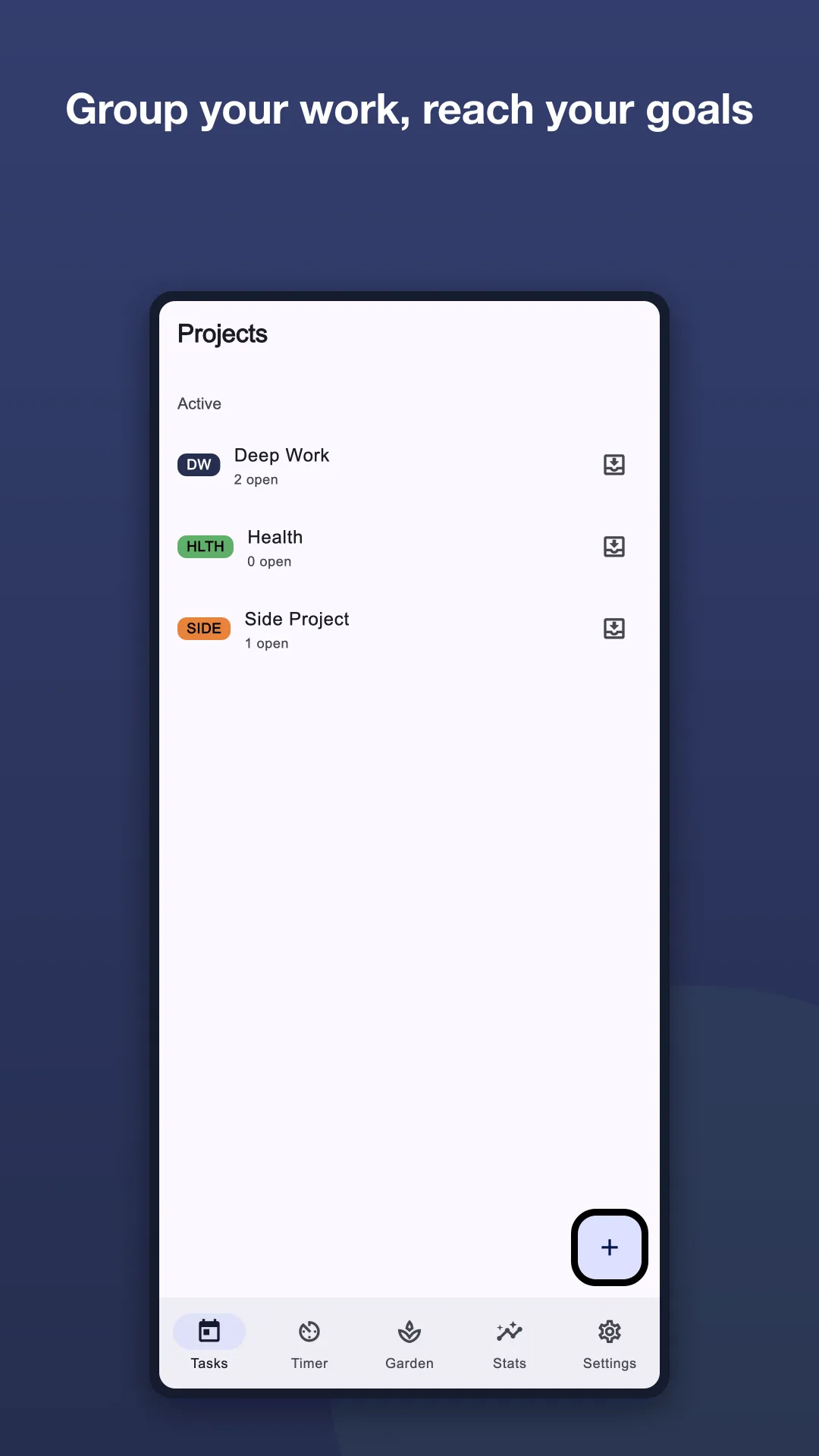 Focus4Life projects screen with grouped task lists