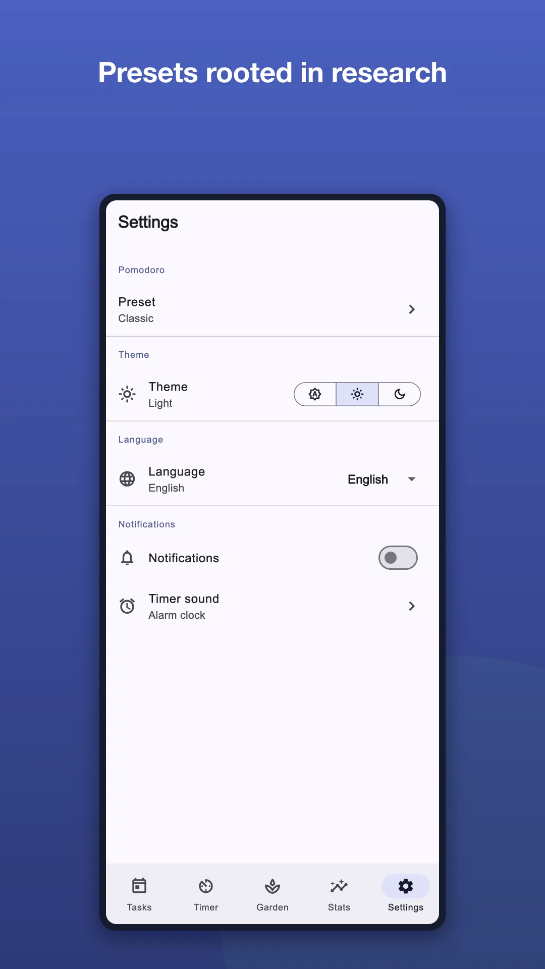 Focus4Life settings screen with science-backed timer presets