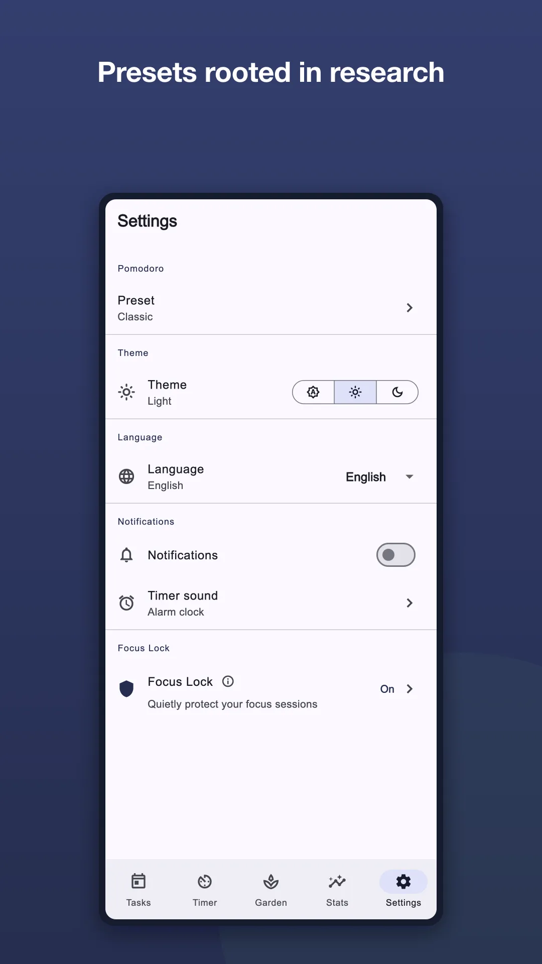 Focus4Life settings screen with science-backed timer presets